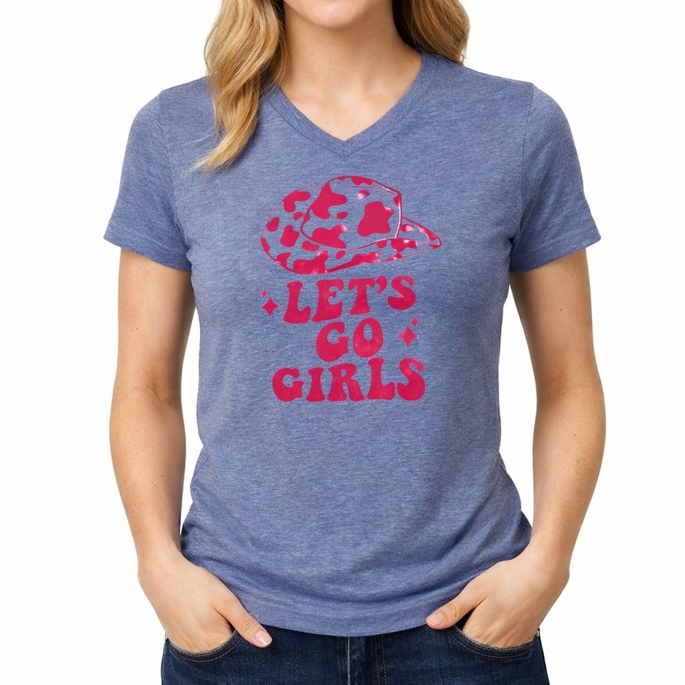Womens Blue V Neck T Shirt‎ Let's Go Girls Cow Print Hat Graphic Tee Size S